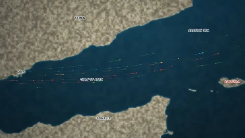 Maritime shipping-traffic map of the Gulf of Aden and Socotra — a bathymetric Stock Footage 340197168