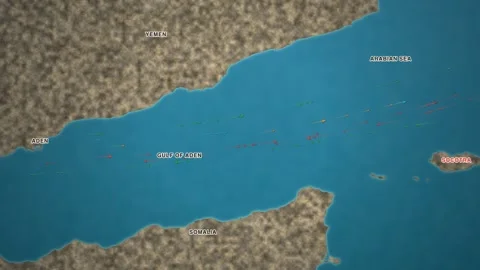 Maritime shipping-traffic map of the Gulf of Aden and Socotra — a bright Stock Footage 340197170