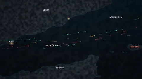 Maritime shipping-traffic map of the Gulf of Aden and Socotra — a night Stock Footage 340197217