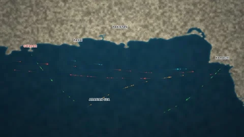 Maritime shipping-traffic map of Gwadar and Karachi on the Arabian Sea coast of Stock Footage 340197486