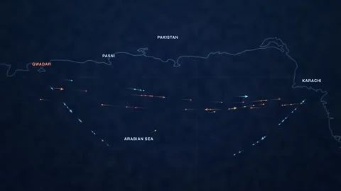 Maritime shipping-traffic map of Gwadar and Karachi on the Arabian Sea coast of Stock Footage 340197487