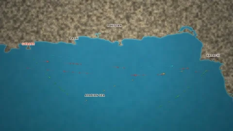 Maritime shipping-traffic map of Gwadar and Karachi on the Arabian Sea coast of Vídeo Stock 340197547