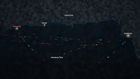 Maritime shipping-traffic map of Gwadar and Karachi on the Arabian Sea coast of Stock Footage 340197704