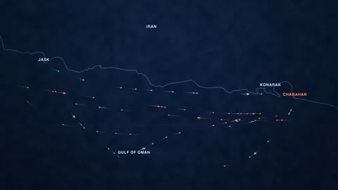 Maritime shipping-traffic map of Jask and Chabahar on the Gulf of Oman coast of Stockbeeldmateriaal 340144967