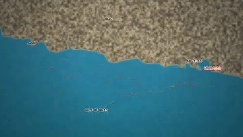 Maritime shipping-traffic map of Jask and Chabahar on the Gulf of Oman coast of Stock Footage 340144969