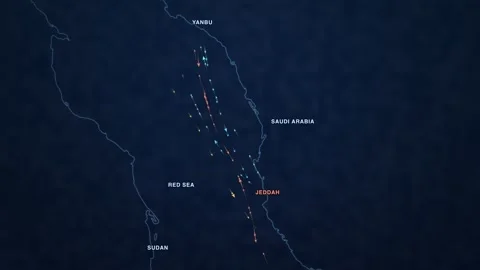 Maritime shipping-traffic map of Jeddah and Yanbu on the Saudi Red Sea coast — Video stock 340197767