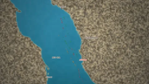 Maritime shipping-traffic map of Jeddah and Yanbu on the Saudi Red Sea coast — Stock Footage 340197787