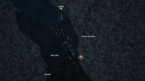 Maritime shipping-traffic map of Jeddah and Yanbu on the Saudi Red Sea coast — Video stock 340197879