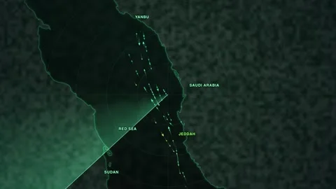 Maritime shipping-traffic map of Jeddah and Yanbu on the Saudi Red Sea coast — 库存影片 340197887