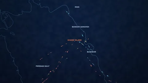 Maritime shipping-traffic map of Kharg Island oil terminal in the northern Stock Footage 340147996