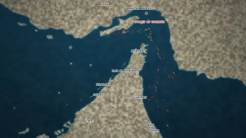 Maritime shipping-traffic map of the Strait of Hormuz — a bathymetric nautical Stock Footage 340148205