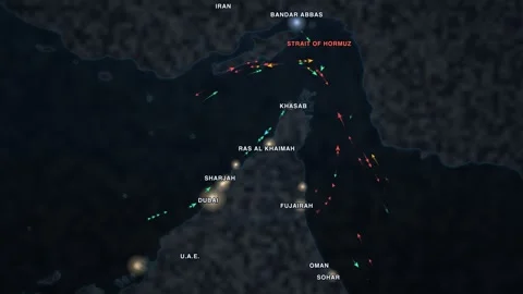 Maritime shipping-traffic map of the Strait of Hormuz — a night city-lights Stock Footage 340148221