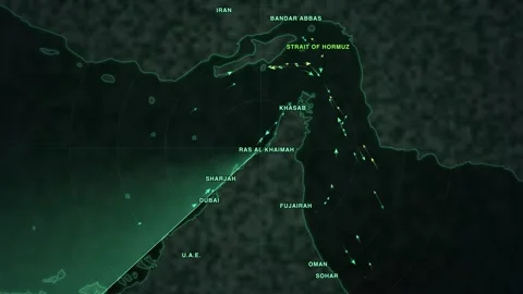 Maritime shipping-traffic map of the Strait of Hormuz — a radar screen with a Stock Footage 340148235