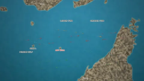 Maritime shipping-traffic map of the Strait of Hormuz — a bright daytime Stock Footage 340187820