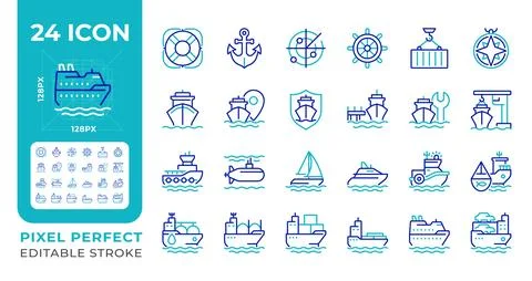 Maritime transport pixel perfect two color line icons set Illustrazione stock