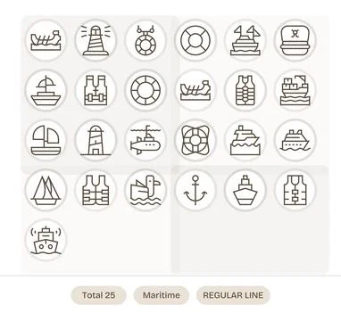 Maritime Vector Icon Set with 25 Regular Line High Resolution Pixel Aligned.. Illustrazione stock