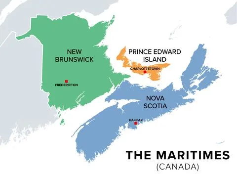 The Maritimes, the Maritime provinces of Canada, multi colored map Illustrazione stock