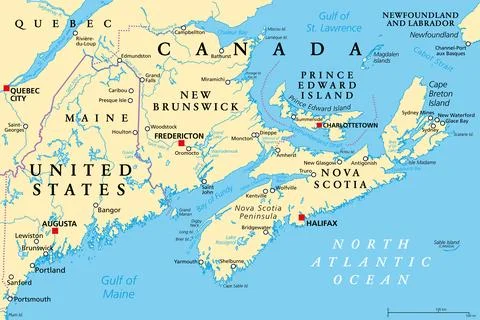 The Maritimes, the Maritime provinces of Eastern Canada, political map Stock Illustration