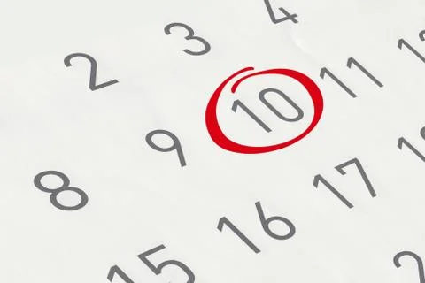 Mark the date number 10, focus point on the red marked number. Stock Illustration