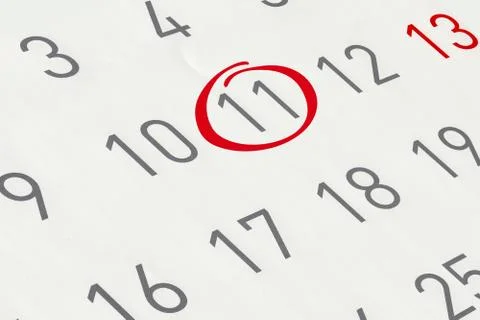 Mark the date number 11, focus point on the red marked number. Stock Illustration