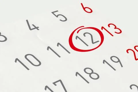 Mark the date number 12, focus point on the red marked number. Stock Illustration
