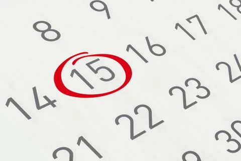 Mark the date number 15, focus point on the red marked number. Stock Illustration