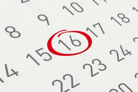 Mark the date number 16, focus point on the red marked number. Stock Illustration