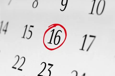 Mark the date number 16, focus point on the red marked number. Stock Photos