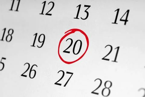 Mark the date number 20, focus point on the red marked number. Stock Photos