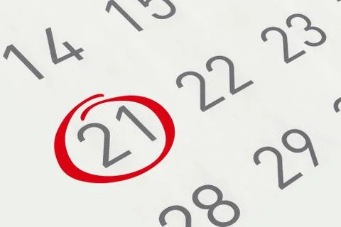 Mark the date number 21, focus point on the red marked number. Stock Illustration