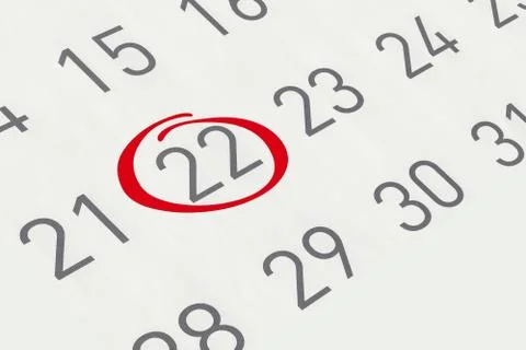 Mark the date number 22, focus point on the red marked number. Stock Illustration
