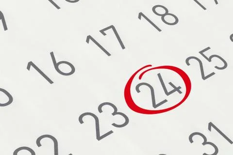Mark the date number 24, focus point on the red marked number. Stock Illustration