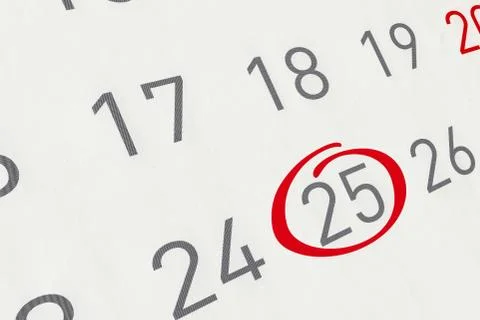 Mark the date number 25, focus point on the red marked number. Stock Illustration