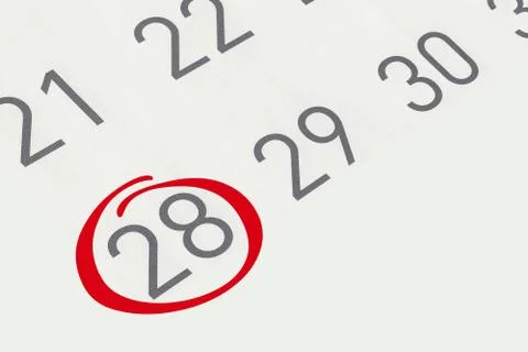 Mark the date number 28, focus point on the red marked number. Stock Illustration