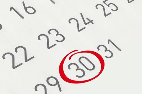 Mark the date number 30, focus point on the red marked number. Stock Illustration