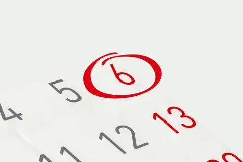 Mark the date number 6, focus point on the red marked number. Stock Illustration