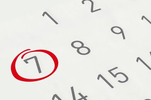 Mark the date number 7, focus point on the red marked number. Stock Illustration