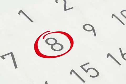 Mark the date number 8, focus point on the red marked number. Stock Illustration