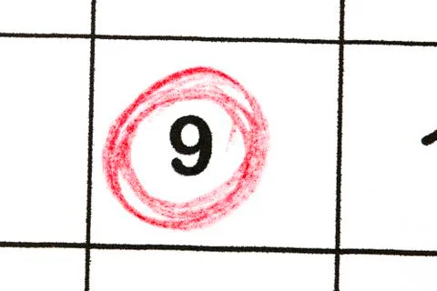 Mark the date number 9. The fifth day of the month is marked with a red circl Stock Photos
