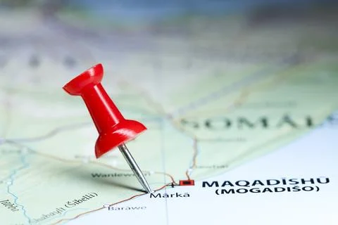 Mark, Somalia pin on map Stock Photos