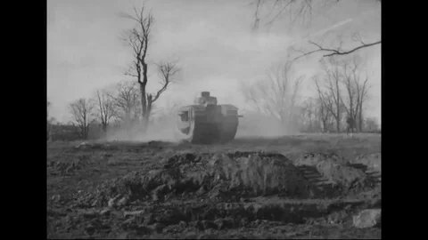 Mark VIII tank crosses a huge trench wit... | Stock Video | Pond5