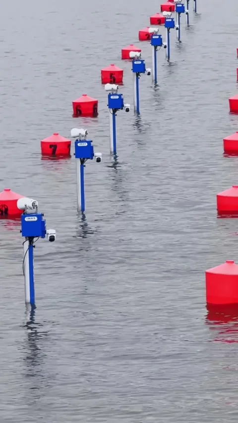 Marked Canoe Sprint Lanes With Red Buoys and Timing System Vídeos de archivo 345095629