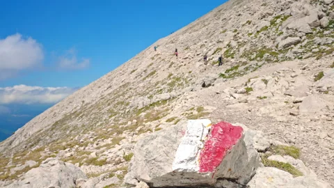 Marked direction signs painter on big stone in mountains peak, hiking important Stock-Footage 224776971
