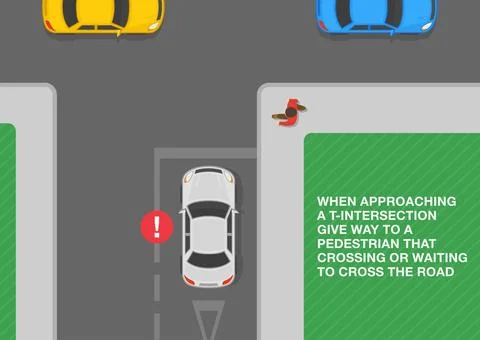At marked T-intersections you need to yield to pedestrians that crossing road. Stock Illustration