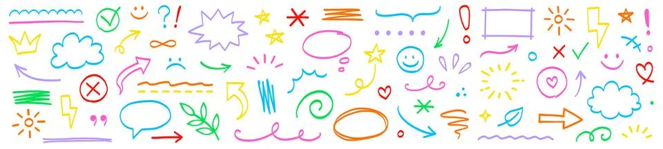 Marker drawn arrow, cloud, star vector element set. Hand drawn marker brush Stock Illustration