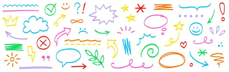 Marker drawn arrow, cloud, star vector element set. Hand drawn marker brush Stock Illustration