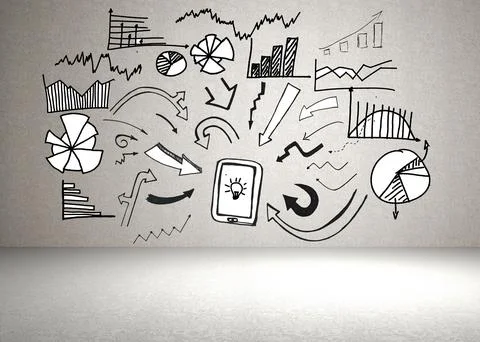 Marker drawn tablet featuring light bulb icon is being shown on textured wall Stock Illustration