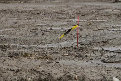 A marker flag on a muddy construction site. Foto stock
