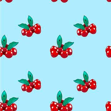 Marker Hand drawn isolated seamless pattern Cherry on blue background banner. 스톡 일러스트
