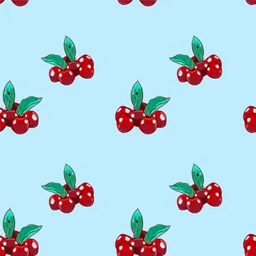 Marker Hand drawn isolated seamless pattern Cherry on blue background banner. Illustrazione stock